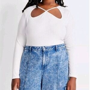 Future Collective White Cutout Ribbed Long Sleeve Bodysuit 1X NEW
